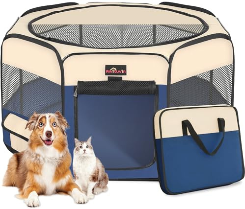 Aivituvin Dog Playpen, Foldable Pet Play Pens with Carrying Bag for Cat, Puppies, Rabbits, Portable Dog Tent Crates Cage for Travel Camping Indoor Outdoor, Removable Shade Cover, Blue M