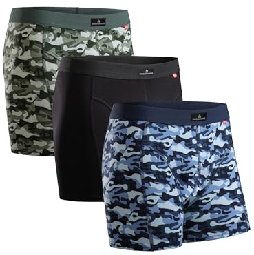 DANISH ENDURANCE Boxer Homme, Calecon Homme en Coton Ultra Doux avec ou sans Braguette, Lot de 3, Multicouleurs (1x Army, 1x Noir, 1x Camouflage), XL