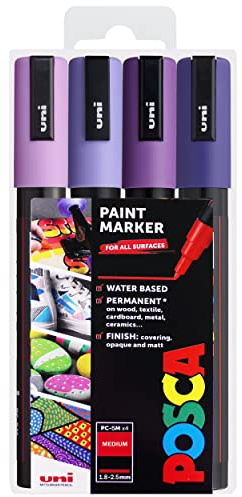 Posca PC-5M, Set di 4 pennarelli a vernice artistici con punta da 1,8-2,5 mm, in diverse tonalità di viola, con astuccio