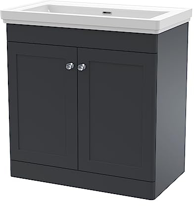 nuie CLC1426H Classique Traditional Bathroom Floor Standing 2 Door Vanity Unit & 0 Tap Hole Fireclay Basin, 800mm, Soft Black