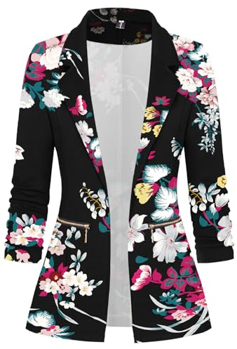Genhoo Womens Casual Office Blazers Floral Cardigans Jacket Work Suit Blazer with Zipper Pockets Black L