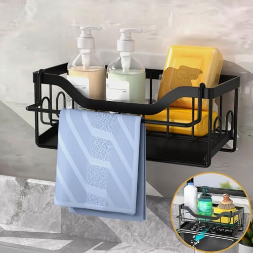 MainPi Spülbecken Organizer Schwarz,Küchen Organizer mit Handtuchhalter,Schwammhalter Spülbecken mit Abflusspfanne,Küche Aufbewahrung Hängend ohne Bohren Arbeitsplatte Dual-Use (Schwarz)