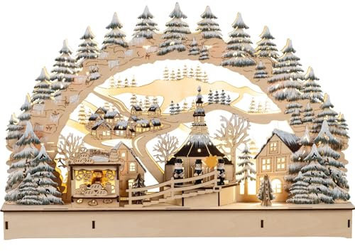 HGD - LED Lichterbogen „Dorf Seiffen“ - 3D Schwibbogen mit Bergkirche & Kurrende-Figuren aus Holz mit Timerfunktion - Weihnachtsdeko mit LED Innenbeleuchtung, ideal als Geschenkidee - 45 x 30 x 7 cm