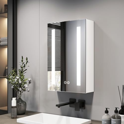 EMKE 400x600mm Illuminated Bathroom Mirror Cabinet with Shaver Socket, Single Door Bathroom Mirror Storage Cabinet with Light, Anti-Fog, Dimmable & 3 Colors, Adjustable Shelf & Memory Function, White