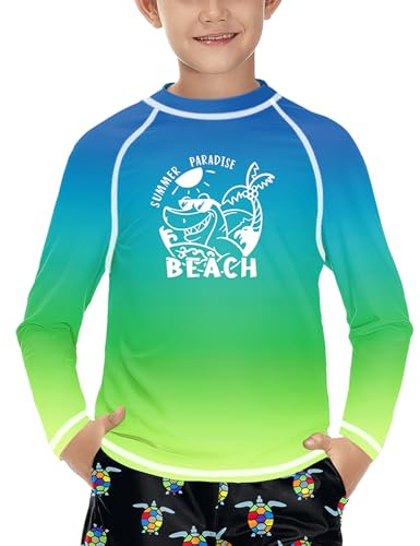 Jungen Sonnenschutz Langarm UV Shirt Schnelltrocknend Rundhals UPF 50+ Rashguard Beach-Blau & Grün 150