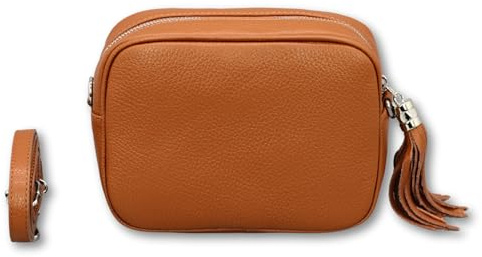Brise Art Umhängetasche Damen Echtleder KIRA Silber Handgemachte Crossbody Bag Schultertasche mit Ledergurt Gürteltasche Made in Italy (Cognac Braun-1)