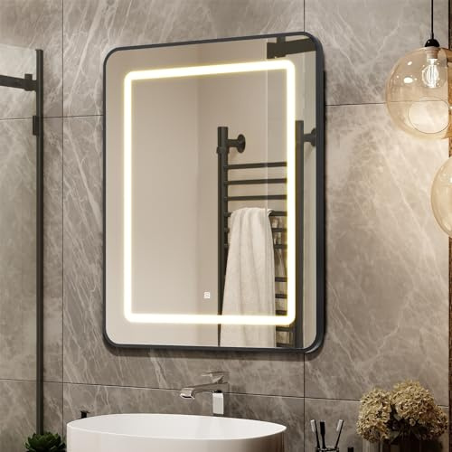 APRILSOUL 24X30 Inch Black Bathroom Medicine Cabinet with Mirror, Recessed or Surface Lighted Medicine Cabinet with 3 Colors Temperature, Dimmable Light