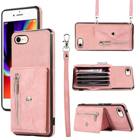 Asuwish Handyhülle für iPhone 7/8/SE 2020 2022 Hülle mit Band Kartenfach Klappbar Geldbörse Ständer i SE2020 SE2022 2/2nd 3/3rd Generation 7s 8s 6SE SE2 SE3 Kette Schutzhülle Damen Phone Case Roségold