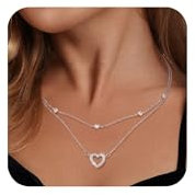 ALEXCRAFT Sterling Silber 925 Ketten Halskette für Damen, Silber Verstellbares Halsketten mit Zirkonia, Doppel Layering Stapelbare Layered Ketten mit Herz Anhänger Halsketten Boho Schmuck Ketten
