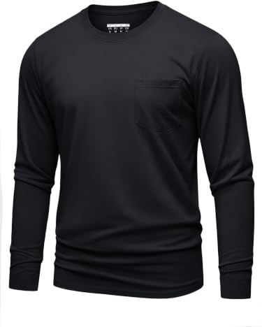 KEFITEVD Long Sleeve T Shirt Mens Soft Cotton Breathable Tshirt with Pocket | Mens long sleeve cotton crew neck t-shirt, breathable soft, moisture wicking, regular fit, casual work top with pocket