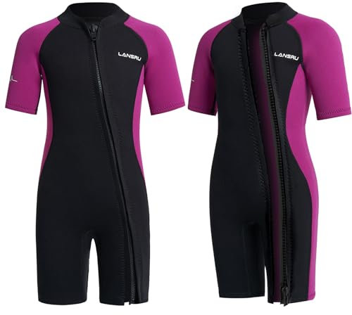 Lansru Neoprenanzug Kinder - 2,0 mm Kurz Neopren für Jungen, Pionierweiser Durchgehender Reißverschluss, UV-Schutz, Thermal Wetsuit für Surfen,Schwimmen und Tauchen