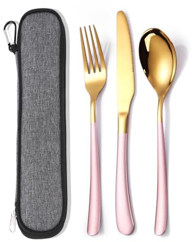 MURRI&MURRDI resebestickset för 1 personer, 3-delat återanvändbart bestickset med fodral. Campingkniv gaffel sked bestick set för arbete, bärbara redskap, rostfritt stål, diskmaskinssäker, rosa guld