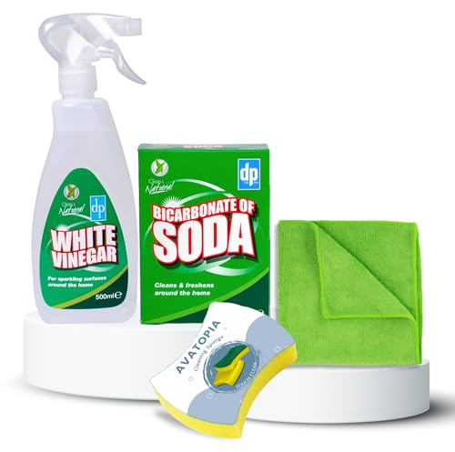 Natural Bicarbonate of Soda Cleaning 500g & White Vinegar Spray 750ml with Cleaning Sponge and Microfibre Cloth Set – Baking soda and white vinegar for cleaning, Perfect for Kitchens, Bathrooms & More