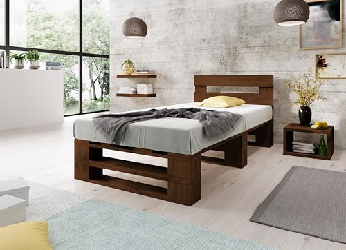 Lermowood Palettenbett M2 aus Holz 120 x 200 cm Palisander mit Kopfteil Holzbett 40cm Stabiles Seniorenbett Kinderbett Jugendbett Gästebett erhöhtes Einzelbett Bettgestell Futon Komforthöhe Naturholz