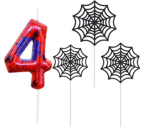 Velas de cumpleaños con números 4, decoración para tartas, juego de velas de cumpleaños, velas de 4 cumpleaños para niños, velas azules y rojas con telaraña, decoración para tartas, temática de araña
