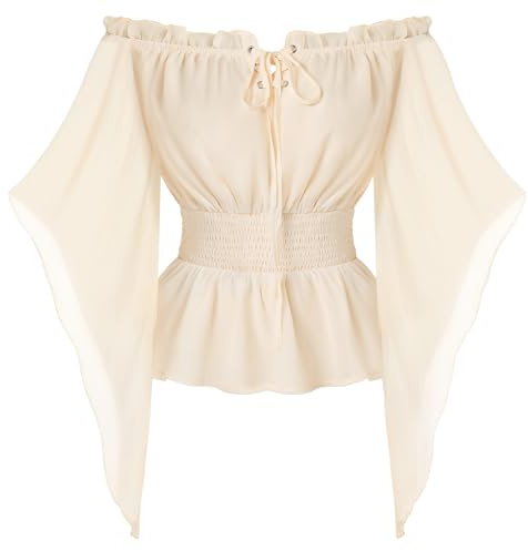 SCARLET DARKNESS Women Victoria Ruffle Blouse Elegant Long Pointed Sleeve Country Blouse Apricot L