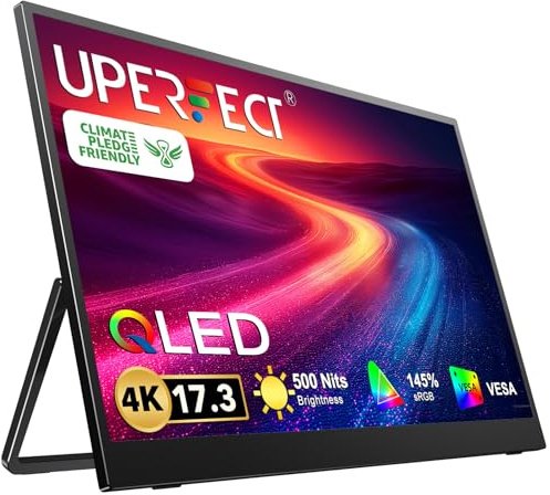 UPERFECT 17.3'' 4K Portable Monitor QLED, 500 Nits 145% sRG UHD FreeSync HDR 2 Speakers Eye Care Travel Monitor, 2 Fully Functional Type-C Port & HDMI for Laptop PC Phone, VESA & Stand