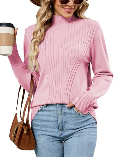 Famulily Ladies Classy Half Turtleneck Jumpers Long Sleeve Autumn Winter Pullover Ribbed Knit Sweater Tops (L, Pink)