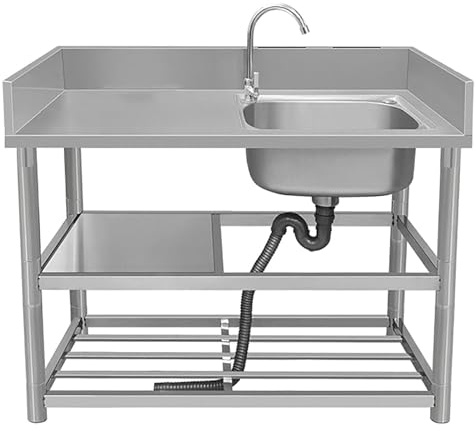 Lavello a vasca singola in acciaio inox con banco da lavoro e ripiani portaoggetti, autoportante per ristorante, cucina, bagno