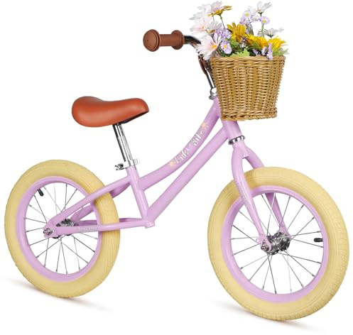 Bicicleta de equilibrio de 14 pulgadas para niños, ajustable en altura, con cesta desmontable y neumáticos de goma inflables, bicicleta de entrenamiento sin pedales para niños y niñas de 3 a 6 años