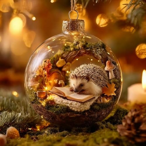 Weihnachtskugel-Kollektion, Kristallglas-Ornament-Set mit Naturvögeln, 2026 niedlicher 3D-Kunststoff-Igel beim Lesen eines Buches Weihnachtsbaumschmuck, für Weihnachtsbaum Gedenkgeschenke