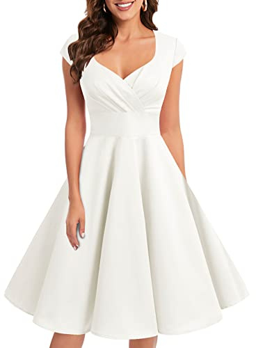 Bbonlinedress Robe Femme de Cocktail Vintage Rockabilly Robe plissée au Genou sans Manches col carré Rétro White S