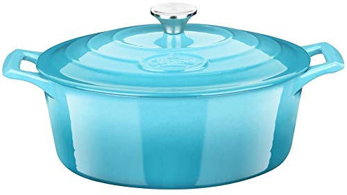 La Cuisine Cocotte ovale en fonte émaillée avec couvercle, 6,5 litres, 33 cm. intérieur noir mat, compatible tous feux, passe au four. Couleur : bleu sarcelle.