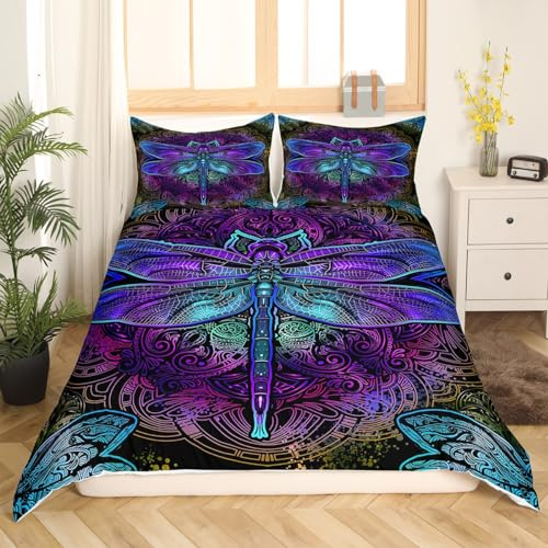 Erosebridal Bohemian Dragonfly Comforter Cover King Size Mandala Paisley Bedding Set Purple Dragonfly Duvet Cover Tie Dye Trippy Gypsy Iridescent Chic Hippie Quilt Cover, Decor 3 Pcs