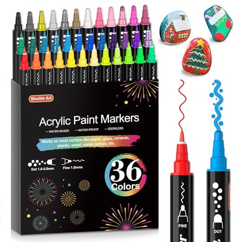 Shuttle Art Acrylstifte für Steine wasserfest, 36 Farben Steine bemalen Stifte Set, doppelköpfige Acrylmarker mit Dot & feine Spitze, Acryl Stifte für holz, Ostereier, Glas, Keramik, Leinwand