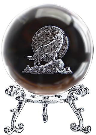 ZEERSHEE 3.15in Crystal 3D Wolf with Moon Figurine Glass Ball Gift for Men Collectible Glass Animal Art Sphere for Wolf Lovers