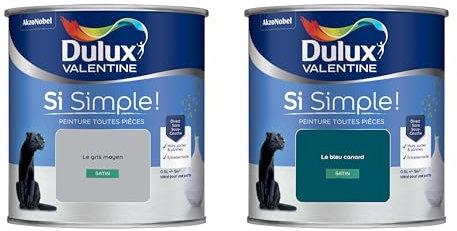 Dulux Valentine Peinture Si Simple Peinture Intérieure Toutes Pièces Satin - Peinture Murs et Plafonds, Portes et Plinthes - Lot de 2 - Couleurs : Le Gris Moyen & Le Bleu Canard 0,5 L