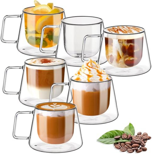 TKNO Set of 6 Double Walled Coffee Glasses Mugs Cappuccino Macchiato Glasses Cups with Handle, Borosilicate Heat Resistant Glass Cups for Coffee Tea Milk Juice, Ideal for Hot & Cold Drinks, 300ml