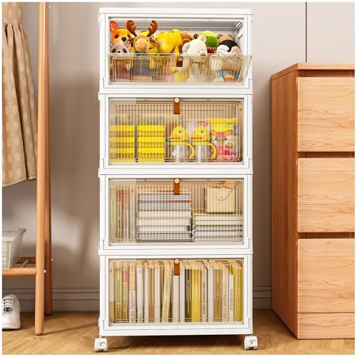 TidyTrove Storage Boxes with Lid, 4-Tier Plastic Stackable Storage Boxes with 1 Lid 28L/Tier, Folding Storage Bins with Wheels, Storage Organizer for Bedroom Living Room Study Office