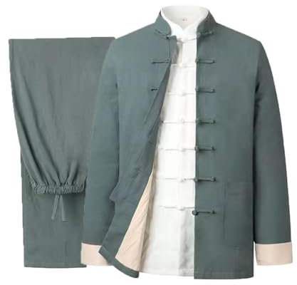 OLSKFUH Kampfsportanzug - Dicker Tang-Anzug Für Herren, Tai-Chi-Kleidung Aus Baumwolle Und Leinen, Kung-Fu-Uniformen, Langärmelige Hosen,Green-X-Large