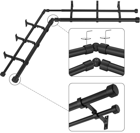 Mayrhyme Black Double Corner Window Curtain Rods with Aluminum End Cap Finials and Brackets,1 Inch Diameter Dual Bay Window Curtain Rods, Adjustable 2 Sided 32-86 Inch Double Drapery Rod