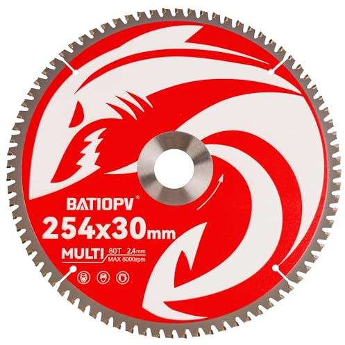 BATIOPV Lama per Sega Circolare 254 x 30 mm – Multi Materiale per Metallo (acciaio dolce, ferro, alluminio, tubi metallici), Legno e Plastica – 80 Denti TCT – Compatibile con Bosch, Makita, DeWalt