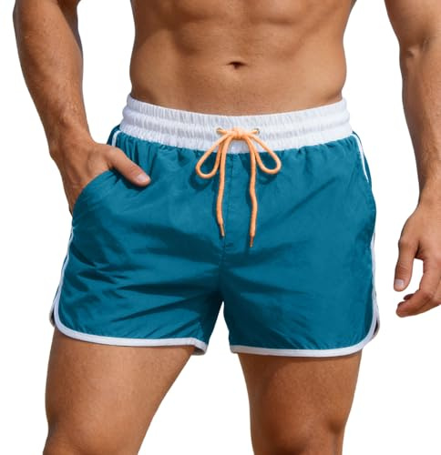 Zanisouta Bañador corto para hombre, retro, vintage, interior 2 en 1, pantalones de compresión, de secado rápido, elásticos, ajustables, con cordón, traje de baño de verano