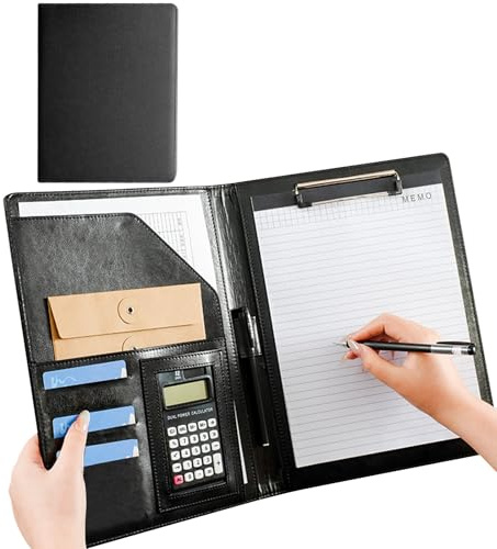 A4 Faux Leather Application Folder - Writing Case / Conference Folder with Notepad & Pen - Business Portfolio Organiser for Office, Meeting & Study - Black