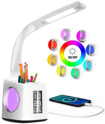Schreibtischlampe Kinder 7 IN 1 Led Tischleuchte,VAZILLIO 10W Augenschutz Nachttischlampe Dimmbar Stifthalter Tischleuchte mit Lcd Display/kalender/Wecker/USB-Anschluss für kinder