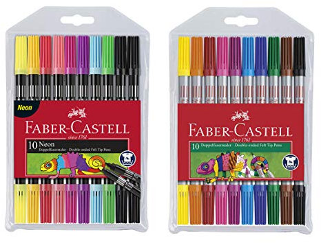 Faber-Castell Doppelfasermarker 10er Etui, Neon + Standard, 2x 10er Etui, Doppelte, feine Spitze für präzises Schreiben und Markieren