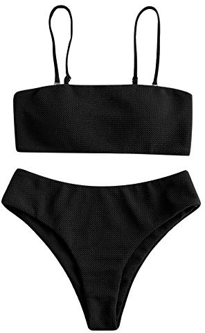 ZAFUL Bikini para Mujer con Textura Tipo Bandeau, Traje de ba?o Acolchado de Corte Alto Negro M
