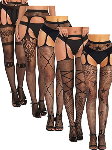 SOUTHRO 5 Pairs Black Thigh High Stockings Patterned Tights-Fishnet/Net,Garter Belts Set & Suspender Pantyhose for Women