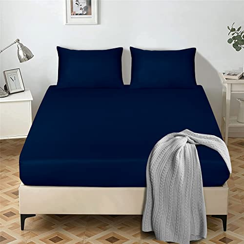 My home store Fitted Sheet 25 cm Deep Brushed Microfiber Ultra Soft No-Iron Wrinkle-Resistant Plain Dyed Fitted Bed Sheets Hypoallergenic Breathable Sheets (Navy Blue, Super King)
