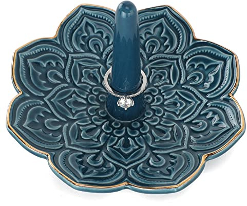 VINCOMIC Mandala Ring Holder,Decorative Jewelry Holder,Birthday Christmas Thanksgiving Day Engagement Wedding Gifts for Women,Ceramic Navy Blue