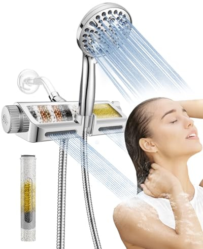 MakeFit Filtered Shower Head with Handheld Combo - Dual 2-in-1 Spa System with Massage Shower and 10 Modes Hand Held Shower High Pressure with Built in Power Wash Mode (Chrome)