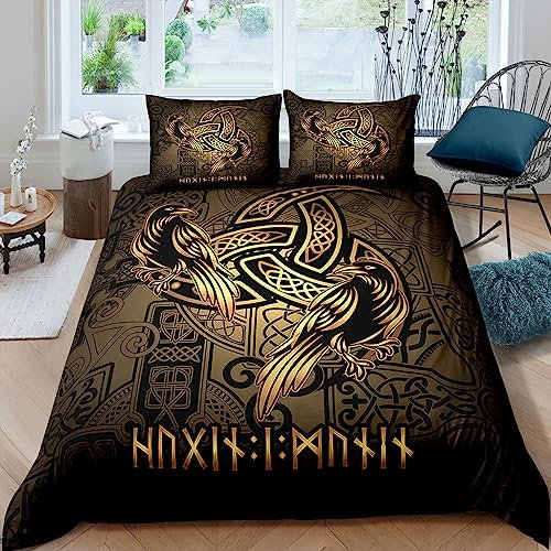 WIKINGER Bettwäsche 155x220 cm 3teilig Jungen 100% Mikrofaser Sommer Weiche Winter Warm Kinder Bettbezüge mit Reißverschluss 3D Viking Krähe Bettbezug mit 2 Kissenbezüge 80x80 cm