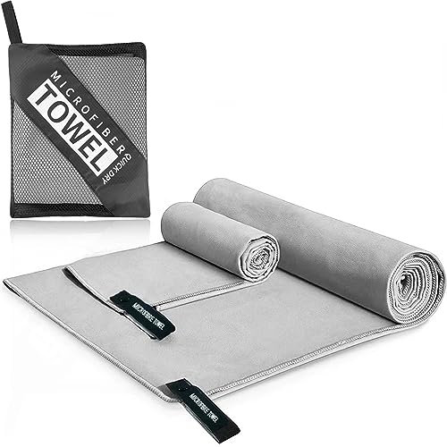 Woukksy Mikrofaser Handtuch, Strand Microfaser Handtücher Schnelltrocknend für Sauna, Fitness, Yoga, Kompakte Mikrofaserhandtuch Bade-Handtuch für Strand, Camping (Grau, 2 Stück 180x80cm+80x40cm)