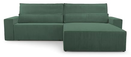 Ecksofa Denver L – Ottomane beidseitig montierbar, Ecksofa aus Cord, Couch für Wohnzimmer, Schlafsofa Sofagarnitur Eckcouch L-Form Cordstoff mit Bettkasten und Schlaffunktion (Poso 14 Dunkelgrün)