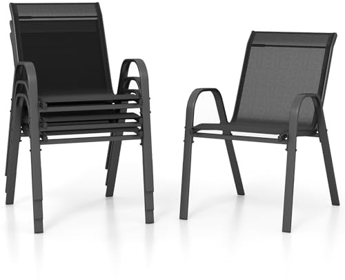 COSTWAY Lot de 2/4 Chaises de Jardin Exterieures avec Cadre en Métal, Chaise de Salle à Manger Empilable en Tissu Respirant, Fauteuil d'Extérieur pour Cour, Balcon, Piscine, Charge 150 KG (Noir,4)