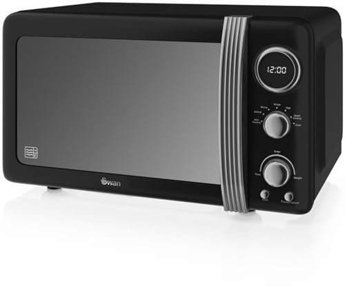 Swan Retro SM22030LBNEU Micro-ondes Numérique 20L, 5 Niveaux de Puissance, Fonction Décongélation, Minuterie 60 Minutes, Porte à Effet Miroir, Plateau Tournant 27cm, Design Vintage, Noir, 800W